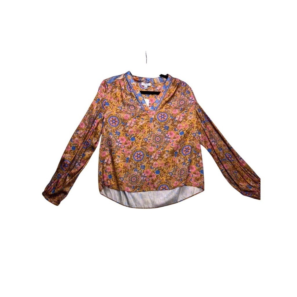 Current Air Blouse Womens Small Mustard Floral Boho‎ V-Neck Long Sleeve Top